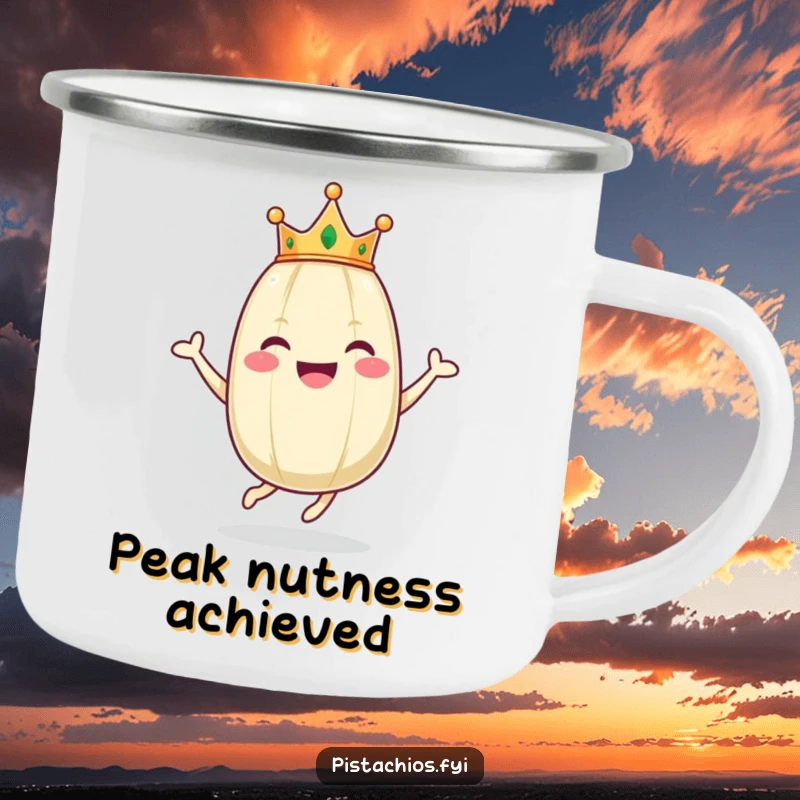 Funny camping mug shows a happy pistachio wearing a crown, joyfully hopping, ready for campfire stories and adventures.