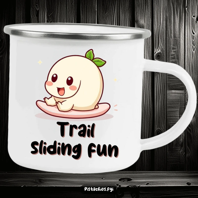 Funny camping mug featuring a pistachio character playfully sliding. This durable and humorous mug is perfect for campsite fun and enjoyment.