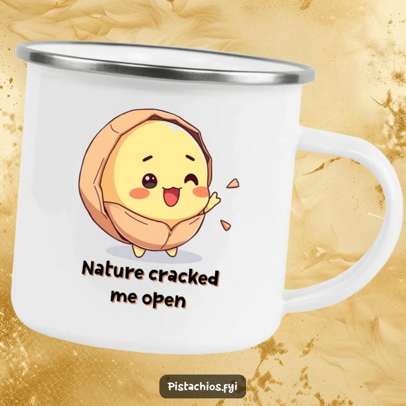 Funny camping mug featuring a pistachio character cracking open with surprise and joy. This durable and humorous mug is perfect for campsite enjoyment.