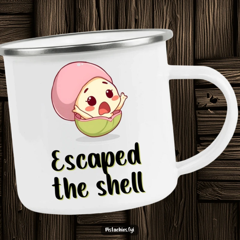 Funny camping mug with a surprised pistachio character comically leaping from its shell, ideal for outdoor humor.