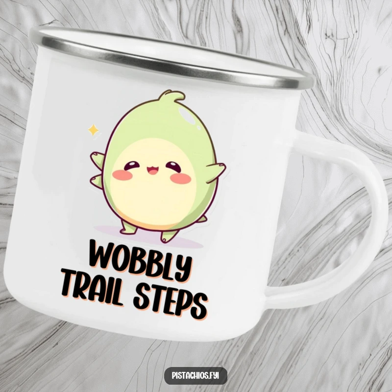 Funny camping mug depicting a wobbly pistachio character in a playful wobble, perfect for outdoor enthusiasts who enjoy humor.