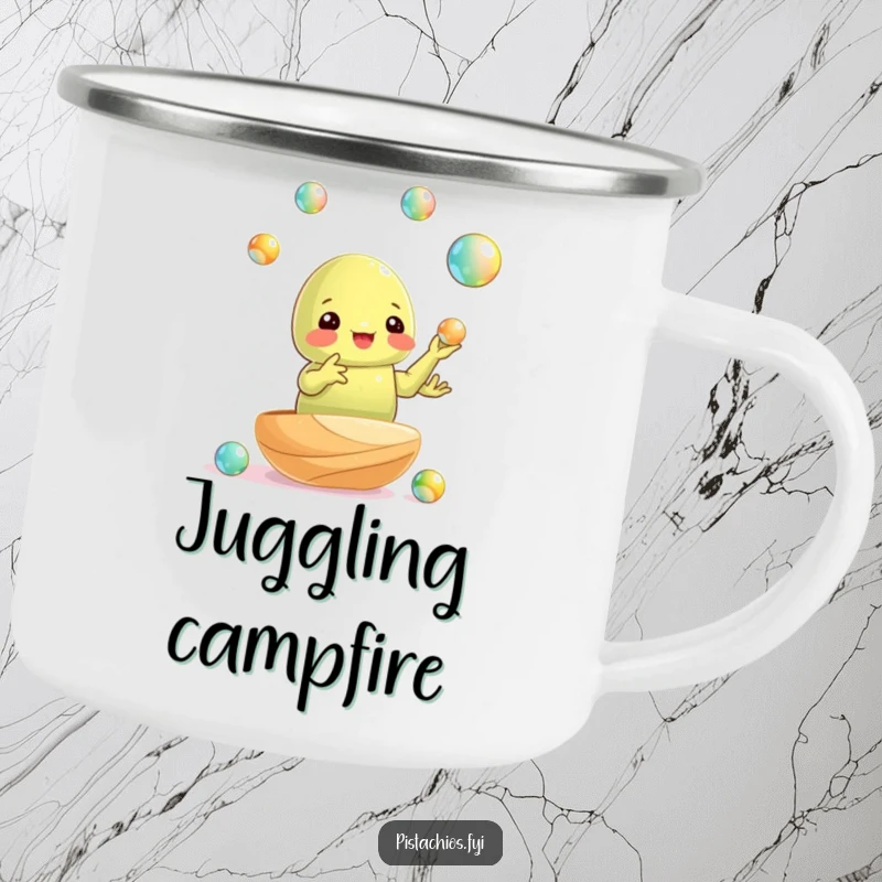Funny camping mug: a pistachio nut juggling shiny marbles with surprising dexterity, great for outdoor marvel.