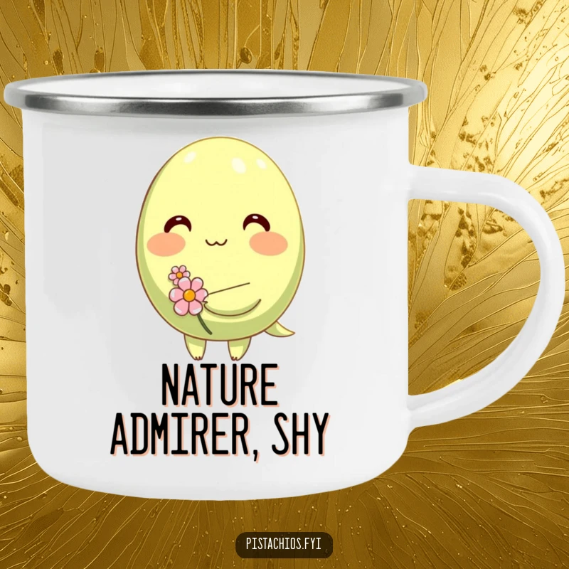 Funny camping mug with a shy, blushing pistachio character holding a tiny flower, designed for outdoor enthusiasts with a shy side.