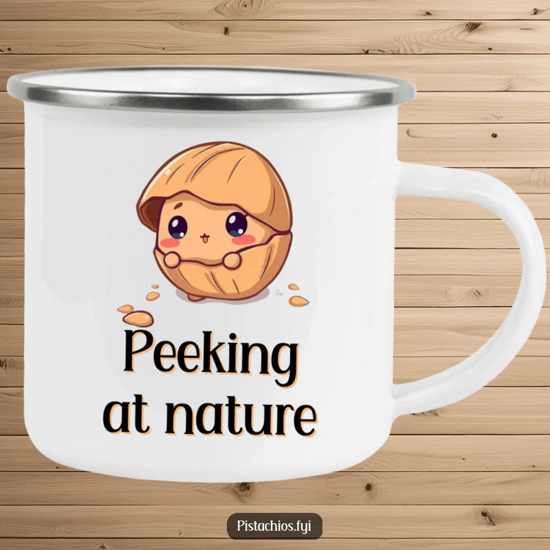 Funny Camping Mug featuring a curious pecan character peeking out from its cracked shell, perfect for outdoor adventures and curious minds.