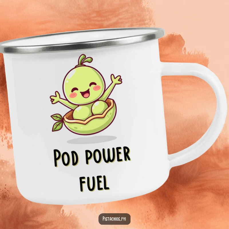 Funny Camping Mug: A cheerful pea bounces in its pod, a humorous and durable mug for outdoor enjoyment.