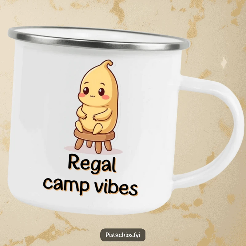 Funny camping mug showcasing a regal Brazil nut character sitting on a stool, perfect for enjoying drinks outdoors.