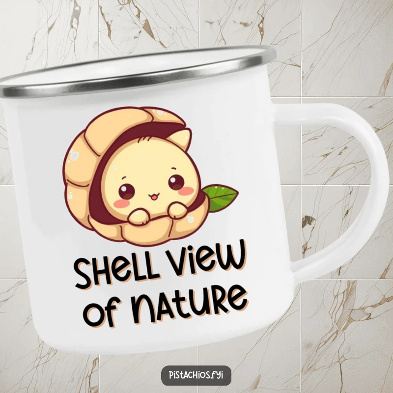 Funny camping mug with a pistachio character curiously peeking from its shell, bringing nutty intrigue to outdoor brews.