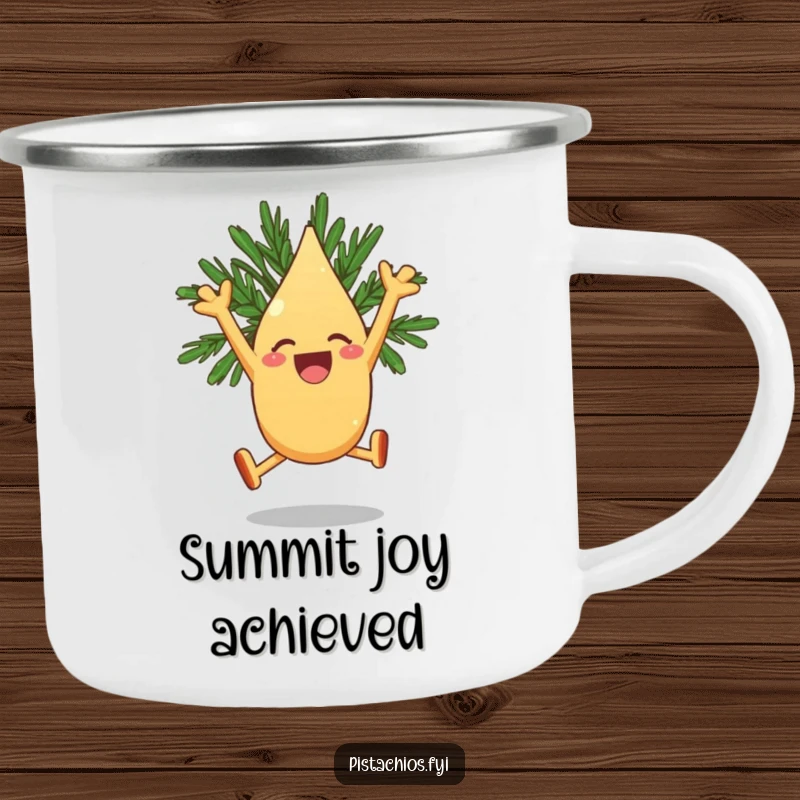 Funny Camping Mug: A Joyous Pine Nut Character Leaping with Excitement Under the Stars.