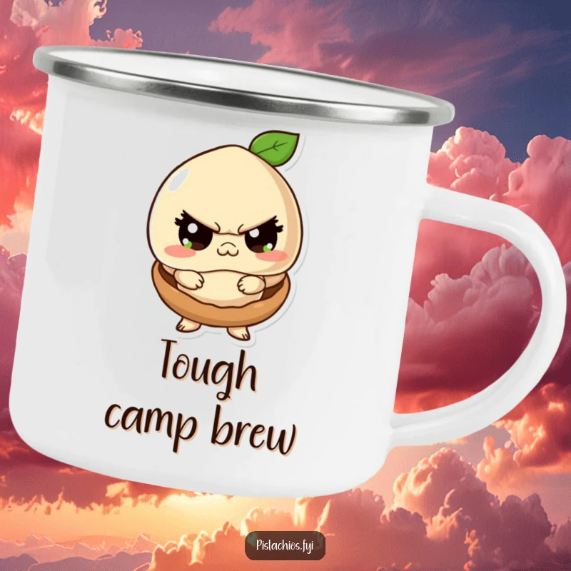 Funny camping mug depicting a macadamia nut character acting tough inside its small shell, ideal for outdoor drinks with nutty humor.