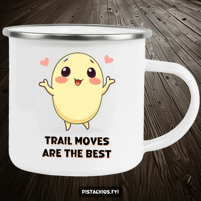 Funny camping mug featuring a happy pistachio character dancing. This durable and humorous mug is perfect for enjoying drinks outdoors.