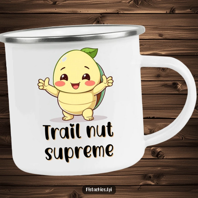 Funny Camping Mug: A triumphant pistachio with an open shell, a humorous and durable mug for outdoor celebrations.