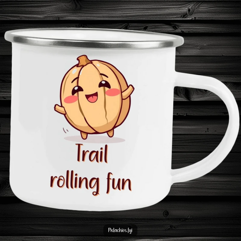 Funny enamel camping mug featuring a giggling walnut character rolling with glee, ideal for enjoying drinks outdoors with a dose of nutty humor.