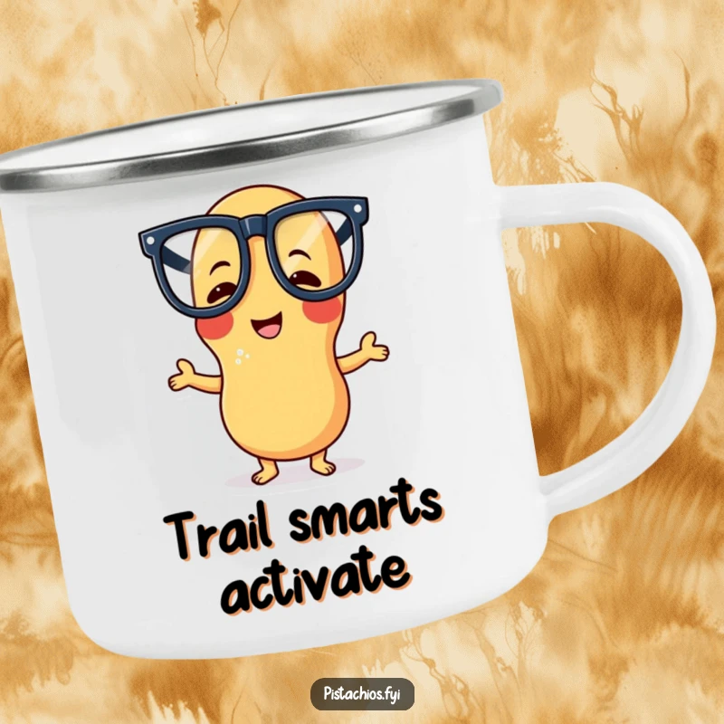 Funny camping mug depicting a giggling peanut character with large glasses in a funny pose, ideal for outdoor beverages.