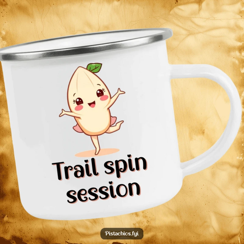 Funny camping mug depicting a happy almond character performing a graceful pirouette, ideal for outdoor drinks with nutty elegance.