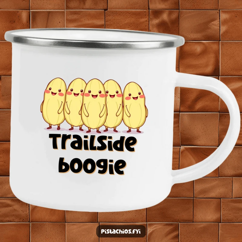 Funny conga line of smiling pistachios, one out of sync, on a camping mug.