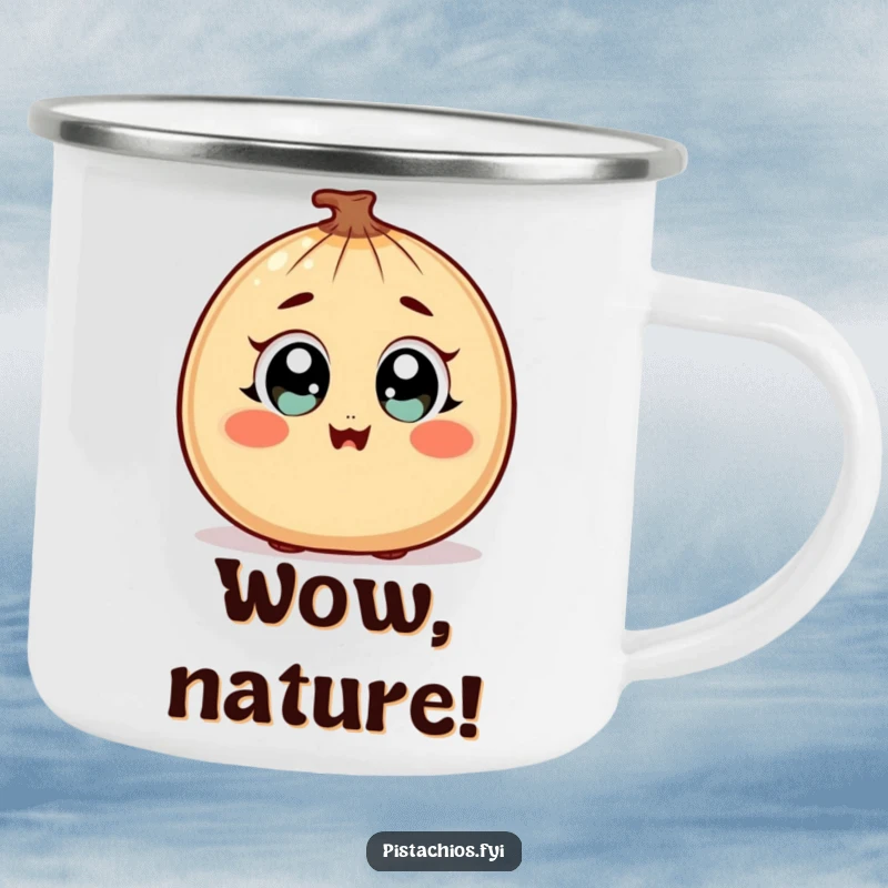 Funny Camping Mug showcasing a surprised nut character with wide, happy eyes and a blush, perfect for cheerful outdoor drinks.