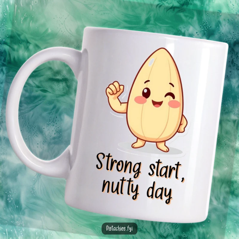 Funny happy almond character flexing a tiny bicep with a proud smile, conveying strength and nutty humor.