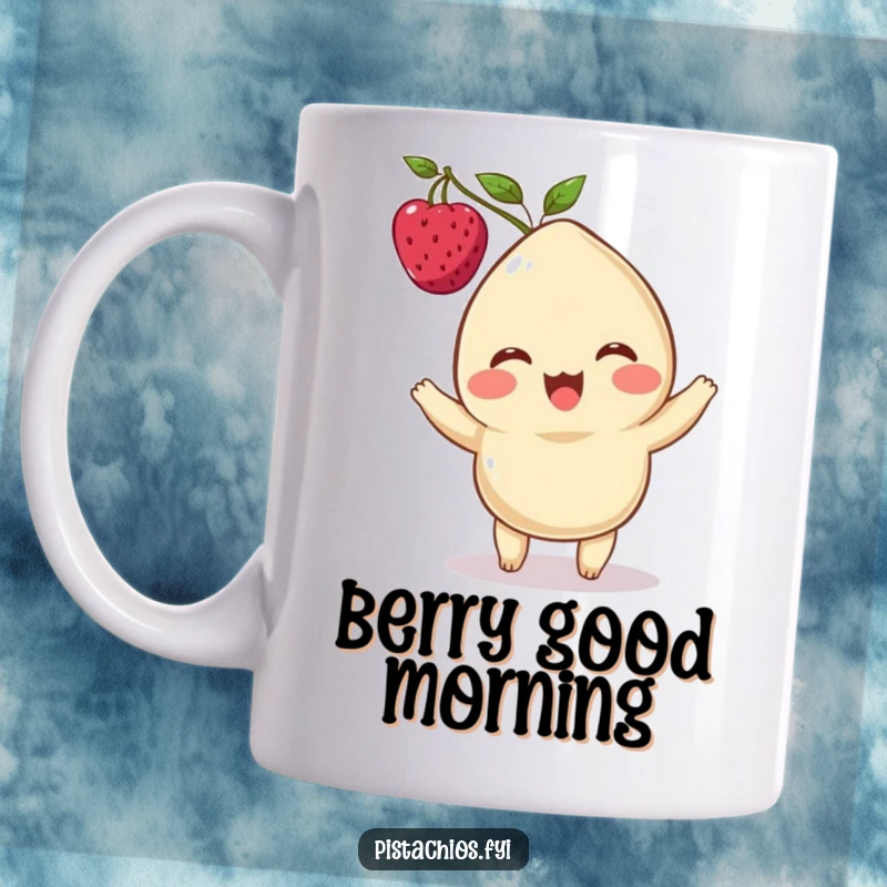 Funny mug featuring a delighted cashew character with a single berry perfectly balanced on its head, looking cheerful and focused.