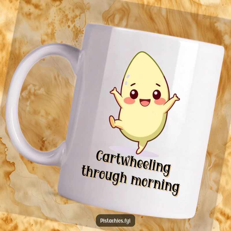 Funny pistachio mug featuring a cheerful character in a dynamic cartwheel pose, radiating energy. A perfect funny gift for active souls.