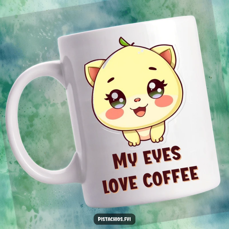 Funny mug showcasing a delighted pistachio character with bright, sparkling eyes radiating pure joy and happiness.