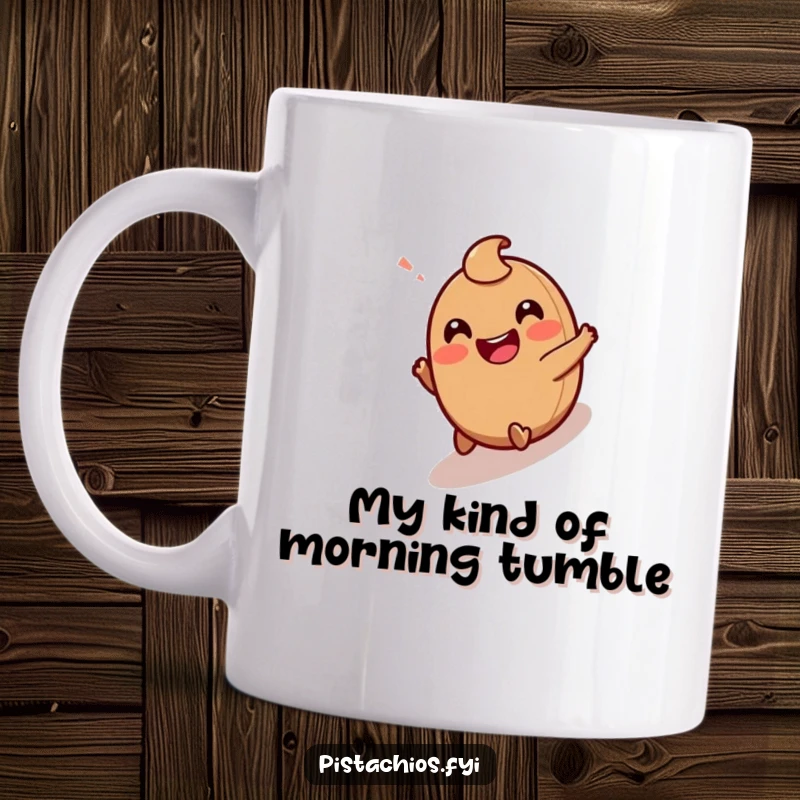 Funny Mug: A Giggling Hazelnut Character Joyfully Rolling Downhill with Pure Glee and Excitement.