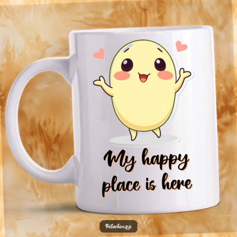 Funny mug showcasing a joyful pistachio character performing an energetic dance. This design spreads happiness and laughter, perfect for a fun gift.