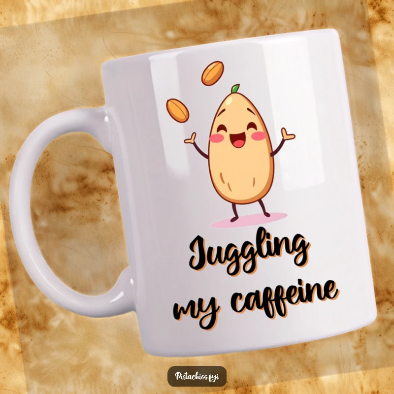 Funny, cheerful almond character skillfully juggling three tiny nuts with glee, depicted on a vibrant mug.