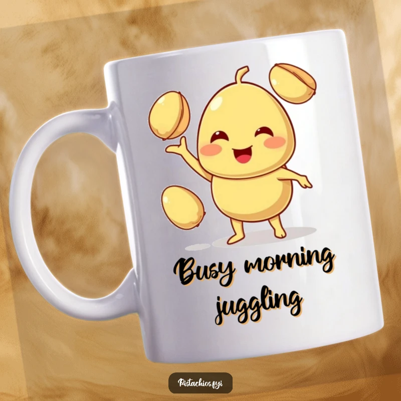 Funny mug shows a smiling pistachio character skillfully juggling two other pistachios with a happy expression.