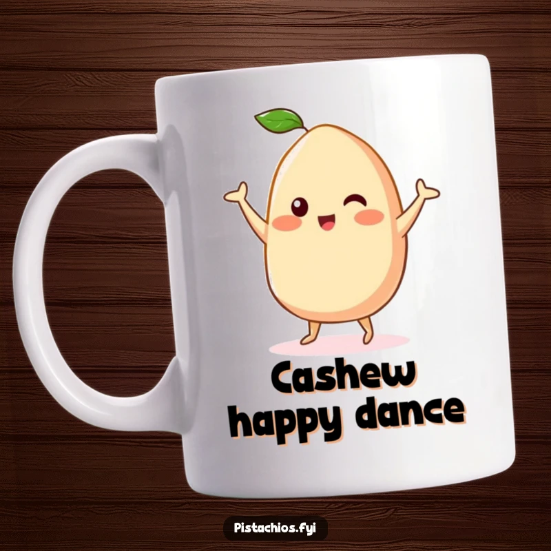 Funny Kawaii Cashew Mug: An adorable cashew character in a joyful happy dance pose, bringing cute and funny vibes to your drinkware.