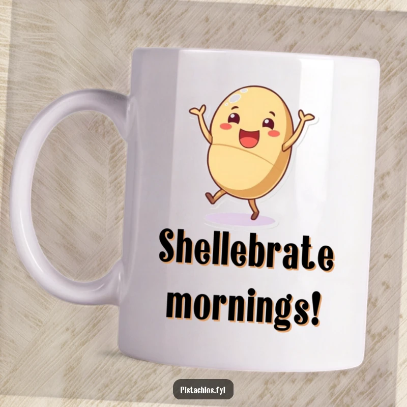 Funny nutty dance mug, cheerful shelled nut character doing a joyful little dance, expressing pure happiness and fun.