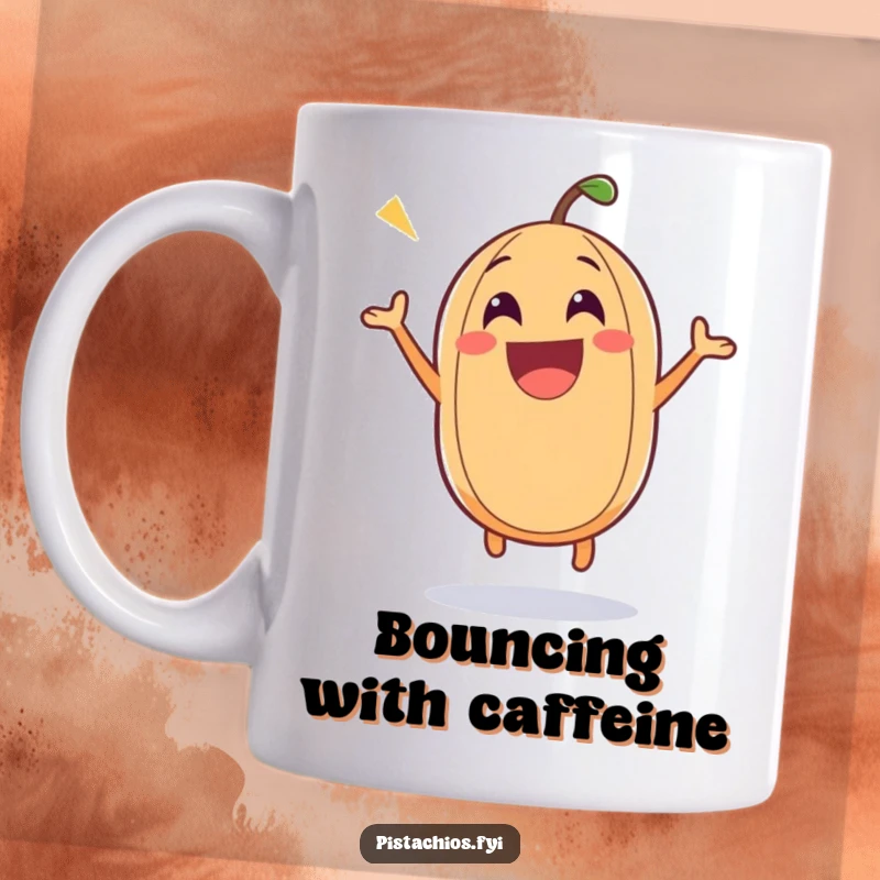 Funny nut character mug showing a happy nut character bouncing energetically, symbolizing pure joy and excitement.