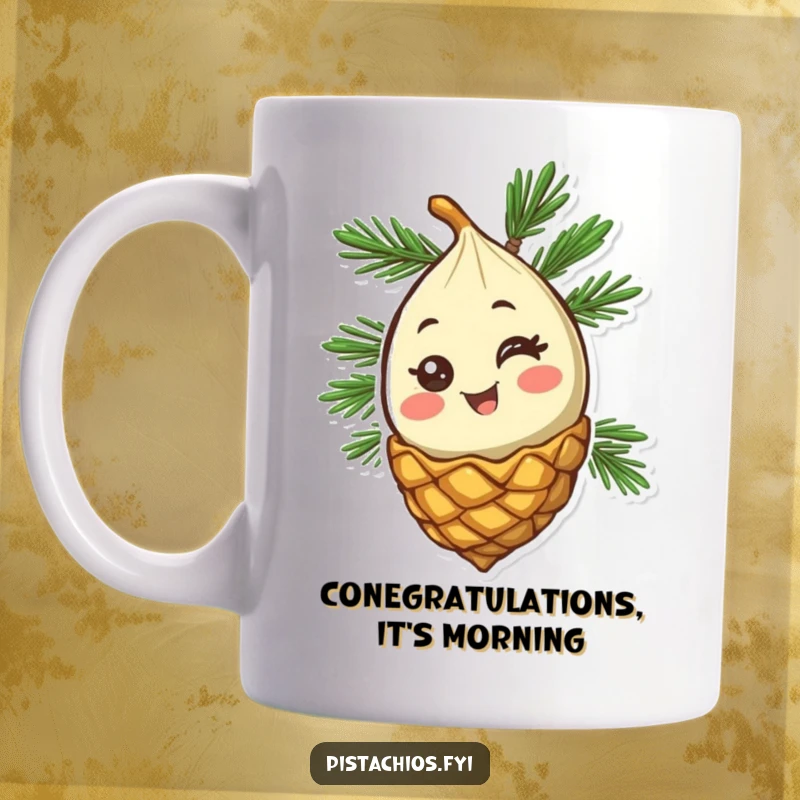 Funny Pine Nut Mug: A happy pine nut character winking slyly from its natural cone, exuding joy and a hint of mischief.