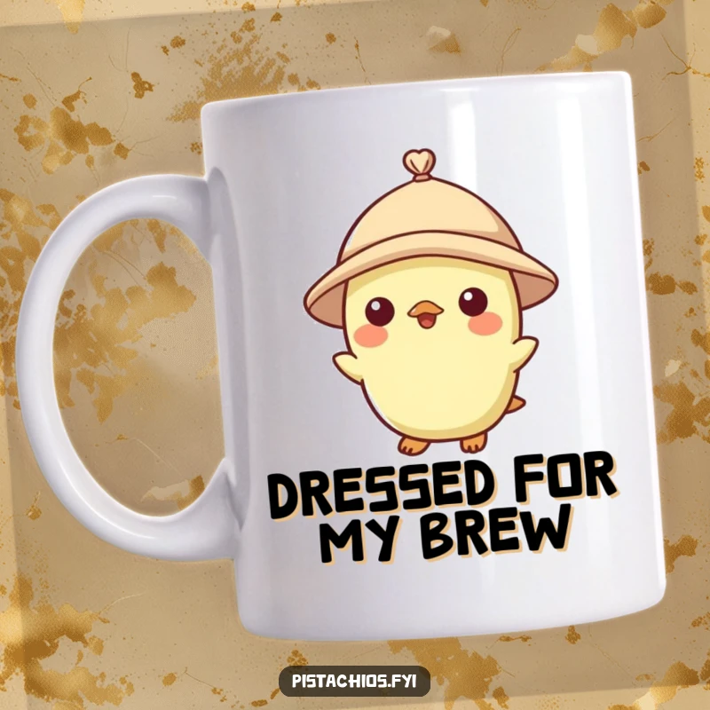 Funny mug featuring a pistachio character looking smart while wearing a small, stylish hat, conveying nutty charm.