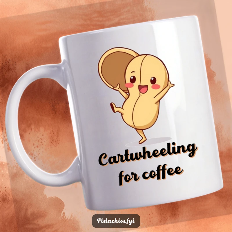 Funny Mug featuring a playful peanut character doing a cartwheel with its shell open, exuding energy and lighthearted fun.