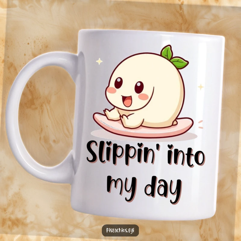 Funny mug depicting a pistachio character playfully sliding across a smooth surface. This design captures a moment of pure, unadulterated fun and joy.