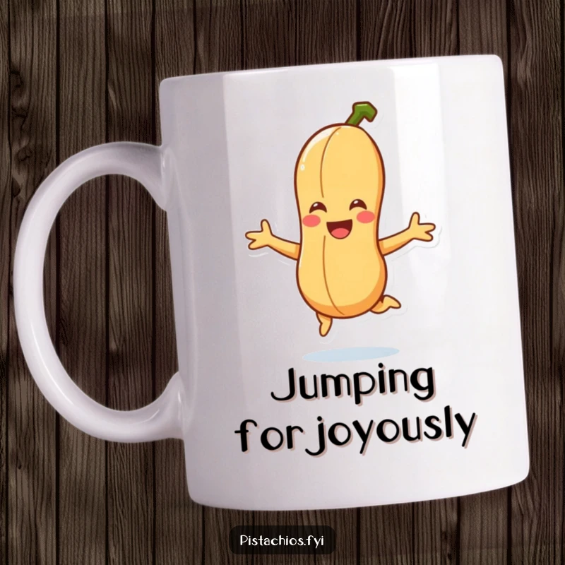 Funny smiling peanut character captured mid-air performing a joyful jump, conveying energetic happiness and nutty humor.