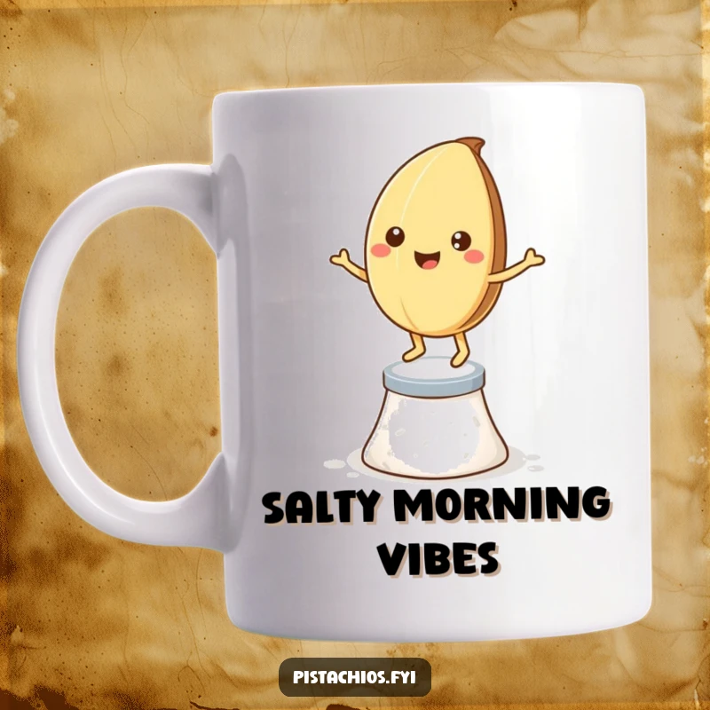 Funny mug: a smiling pistachio nut joyfully dancing on a pedestal of salt crystals, radiating nutty happiness.