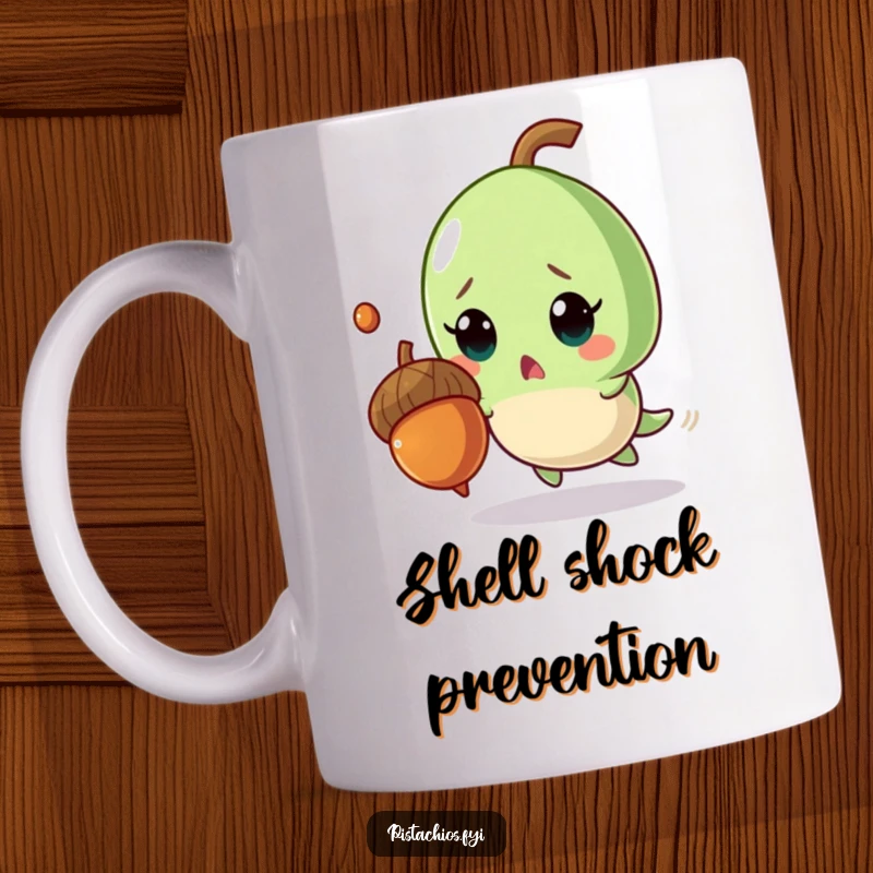 Funny mug featuring a surprised pistachio character comically dodging a falling acorn with wide eyes and frantic motion.