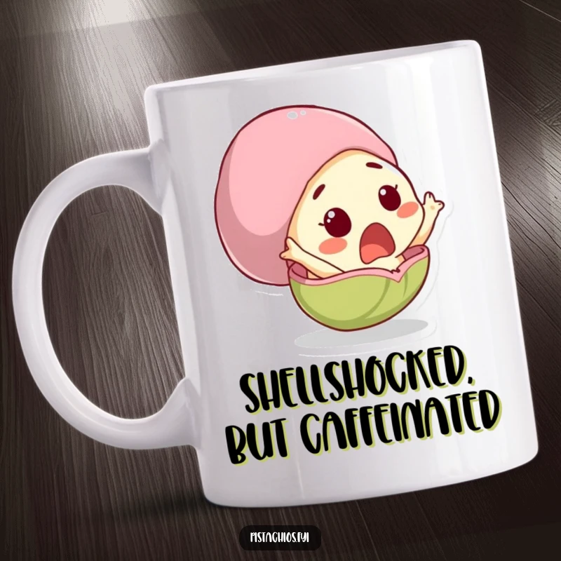 Funny mug featuring a cartoon pistachio character comically leaping out of its cracked shell, expressing surprise and delight.
