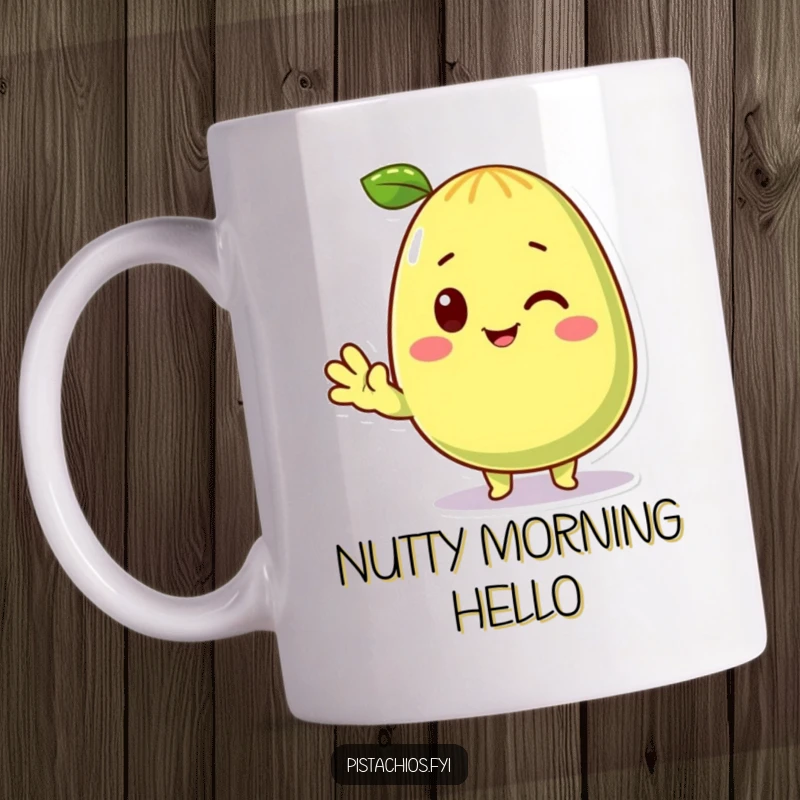 Funny Mug featuring a cheerful pistachio character giving a friendly wave. Ideal funny gift for snack enthusiasts and lovers of quirky designs.