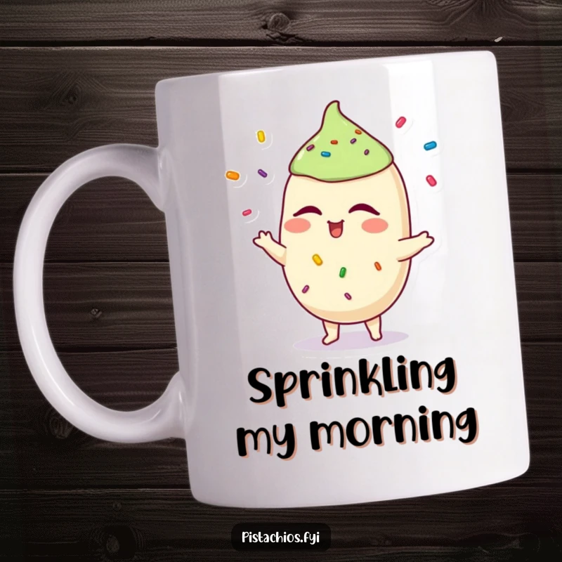 Funny pistachio mug with a winking character expertly juggling colorful sprinkles. A playful and humorous gift idea.