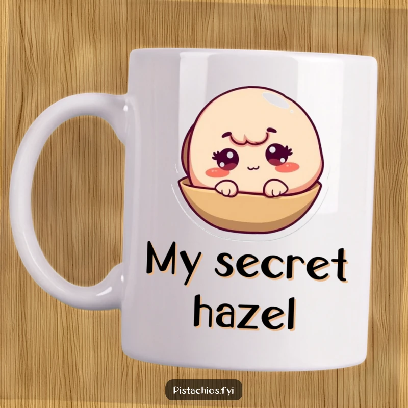 Funny Pistachio Shell Mug featuring a sly character winking from within its open shell, a humorous and charming piece.