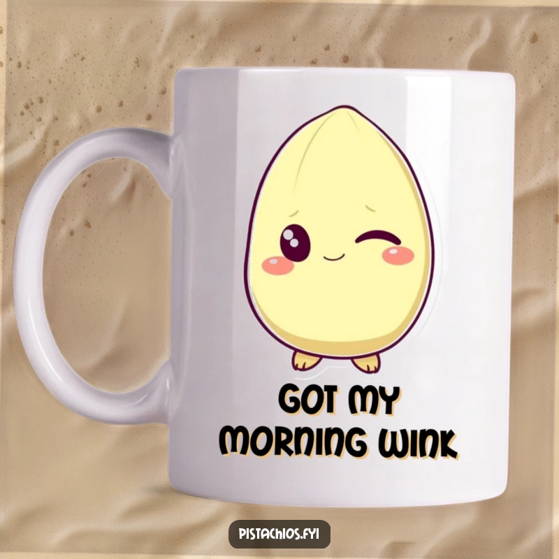 Funny mug featuring a pistachio character winking with a subtle, cheeky grin. This design exudes playful charm and lighthearted humor.