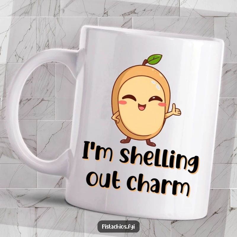 Funny Mug featuring a winking nut character striking a confident pose with a playful smirk.