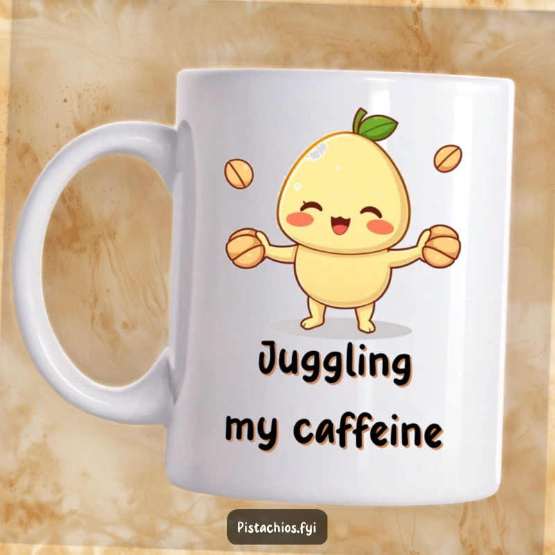 Funny mug showing a cheerful pistachio character skillfully juggling its shells. This design celebrates fun, talent, and nutty amusement.