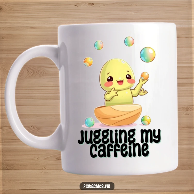 Funny mug: a pistachio nut skillfully juggling tiny shiny marbles with impressive focus and dexterity.