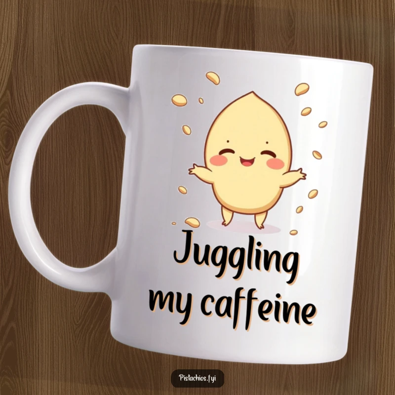 Funny mug featuring a giggling pistachio character expertly juggling tiny crumbs with a mischievous grin.