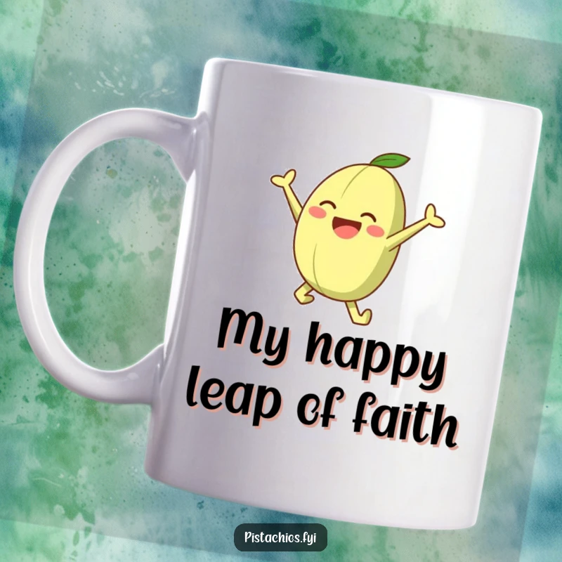 Funny mug featuring a happy pistachio character mid-leap, full of energy and joy, perfect for nut lovers.