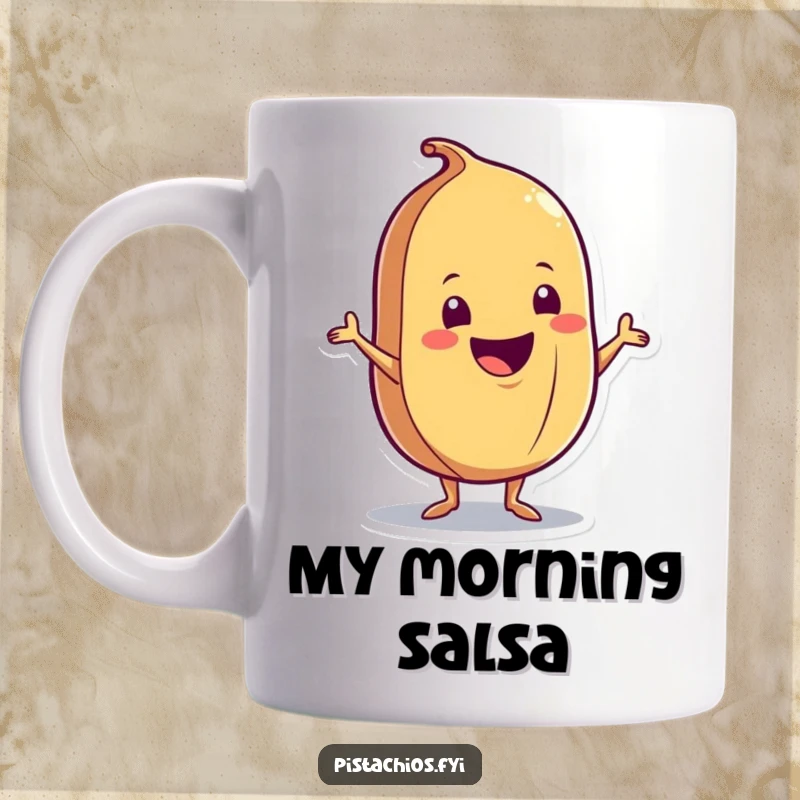 Funny Mug: A delighted, dancing nut character performing a joyful shimmy with a big smile, perfect for a happy morning caffeine boost.
