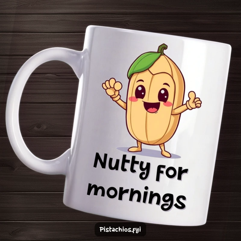 Funny Mug featuring a delighted Brazil nut character in a heroic, triumphant pose, radiating pure joy and strength.